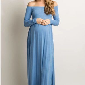 NWT PinkBlush Blue Solid Off Shoulder Maternity Maxi Dress L Tall